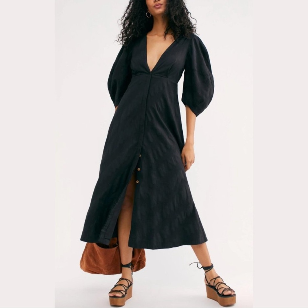 FREE PEOPLE Black Maxi Dress Deep V Puff Sleeve